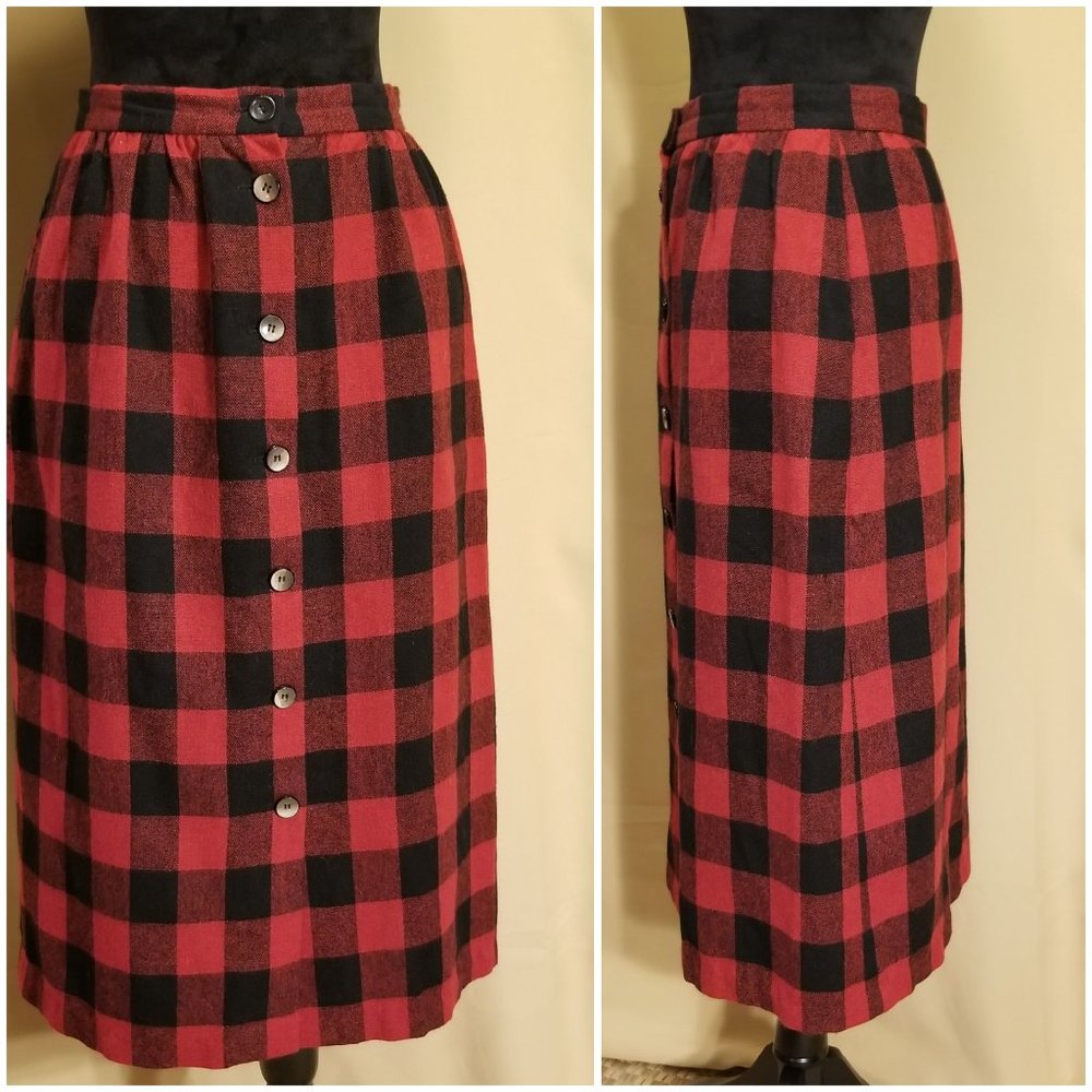 Vintage GARLAND, USA-Made, Red & Black Buffalo Check, Wool/Poly, Straight Skirt
